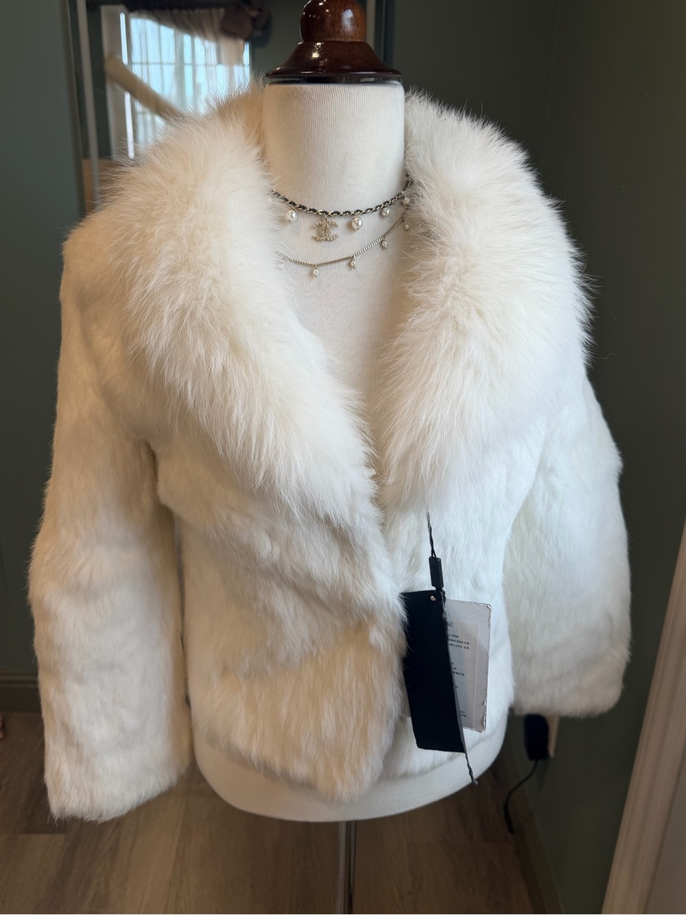 Vintage NWT White Rabbit Fur Jacket Fox Fur Collar XXS XS Coquette Glam